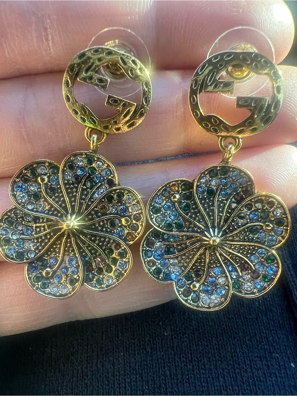 Gucci Gold Floral Drop Earrings with Multicolor Crystals